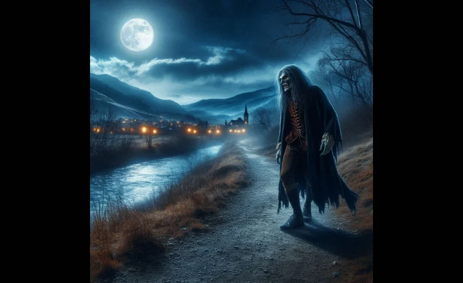 Traditional Balkan village at night with glowing eyes in the shadows, representing Đeman folklore.
